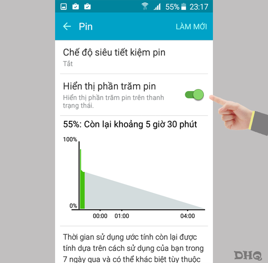 Chọn bật hiển thị phần trăm pin